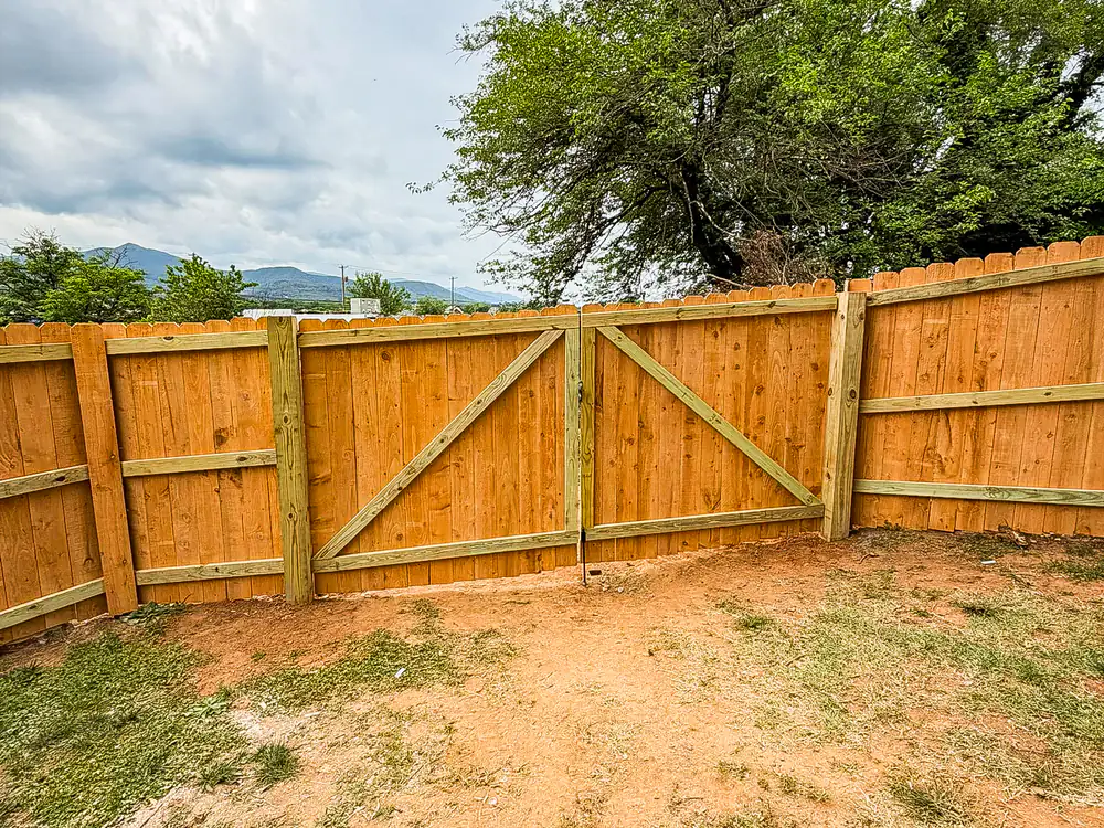 Cross-braced double wood gate with mountain views in Roanoke